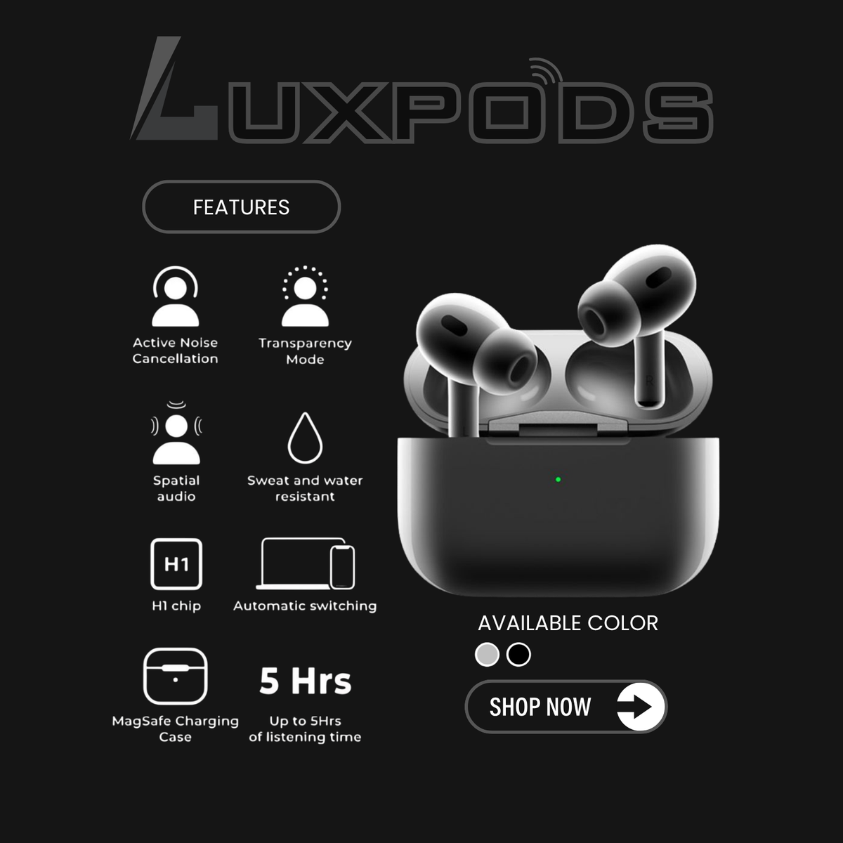 LuxPods Pro (2nd generation) with 100% Active Noise Cancellation,70H Battery, 100% Hassle-Free 6 Month Warranty With FREE Silicone Case
